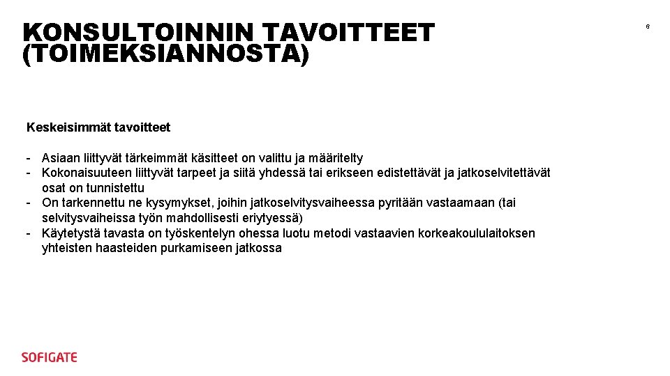 KONSULTOINNIN TAVOITTEET (TOIMEKSIANNOSTA) Keskeisimmät tavoitteet - Asiaan liittyvät tärkeimmät käsitteet on valittu ja määritelty