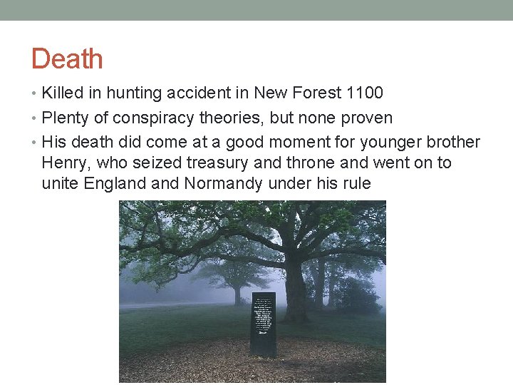 Death • Killed in hunting accident in New Forest 1100 • Plenty of conspiracy