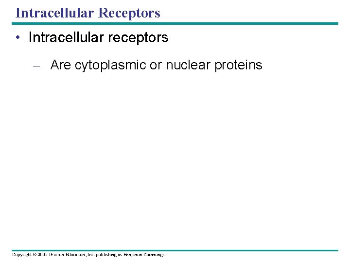 Intracellular Receptors • Intracellular receptors – Are cytoplasmic or nuclear proteins Copyright © 2005