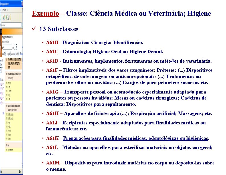 Exemplo – Classe: Ciência Médica ou Veterinária; Higiene ü 13 Subclasses • A 61