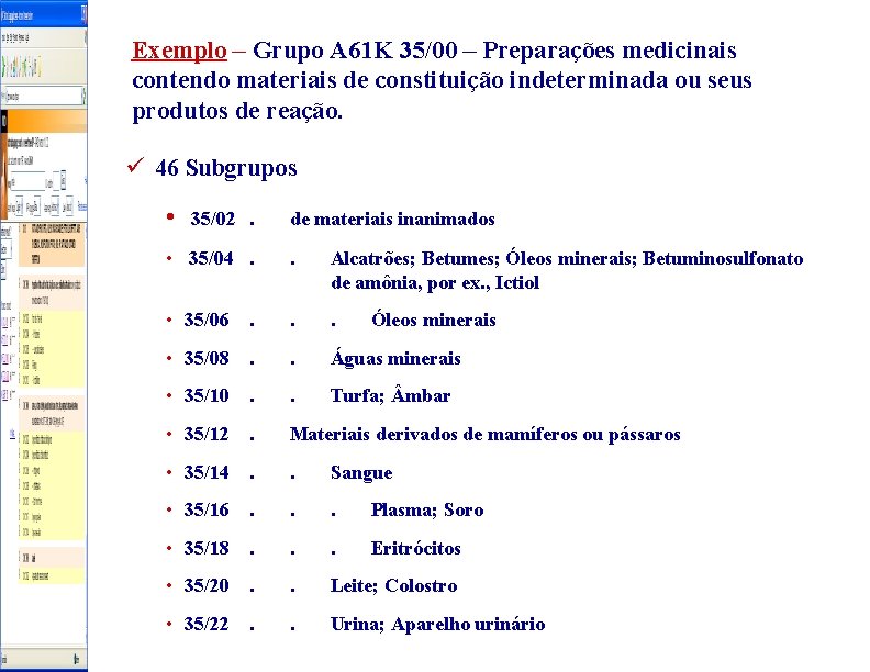 Exemplo – Grupo A 61 K 35/00 – Preparações medicinais contendo materiais de constituição