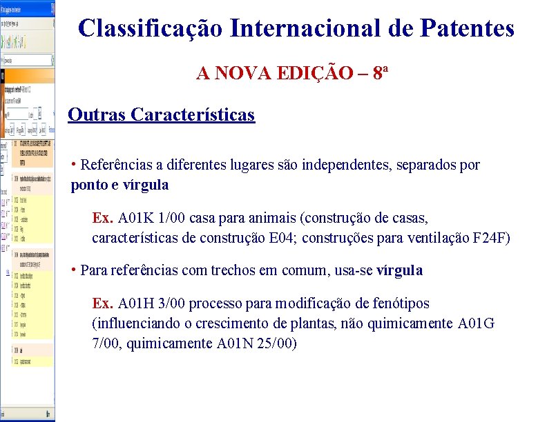 Classificação Internacional de Patentes A NOVA EDIÇÃO – 8ª Outras Características • Referências a