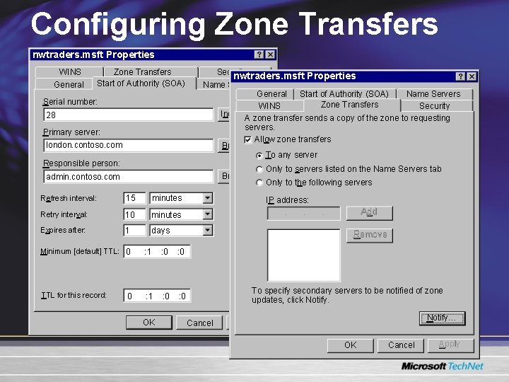 Configuring Zone Transfers nwtraders. msft Properties WINS General Zone Transfers Start of Authority (SOA) Configuring Zone Transfers nwtraders. msft Properties WINS General Zone Transfers Start of Authority (SOA)