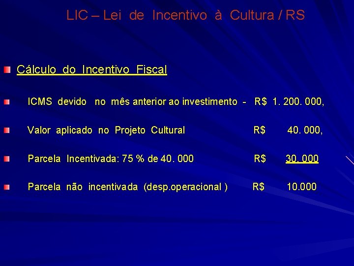 LIC – Lei de Incentivo à Cultura / RS Cálculo do Incentivo Fiscal ICMS