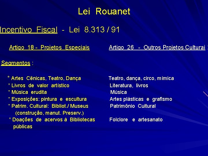 Lei Rouanet Incentivo Fiscal - Lei 8. 313 / 91 Artigo 18 - Projetos