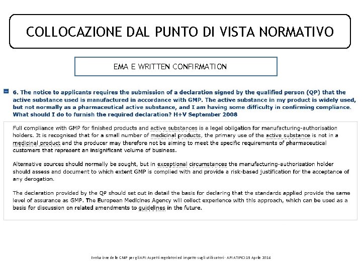 COLLOCAZIONE DAL PUNTO DI VISTA NORMATIVO EMA E WRITTEN CONFIRMATION Evoluzione delle GMP per COLLOCAZIONE DAL PUNTO DI VISTA NORMATIVO EMA E WRITTEN CONFIRMATION Evoluzione delle GMP per
