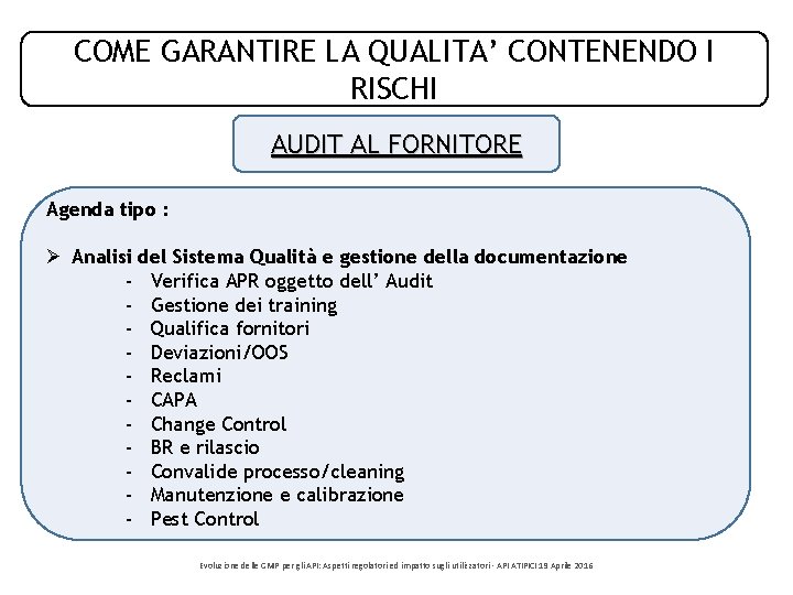 COME GARANTIRE LA QUALITA’ CONTENENDO I RISCHI AUDIT AL FORNITORE Agenda tipo : Ø COME GARANTIRE LA QUALITA’ CONTENENDO I RISCHI AUDIT AL FORNITORE Agenda tipo : Ø