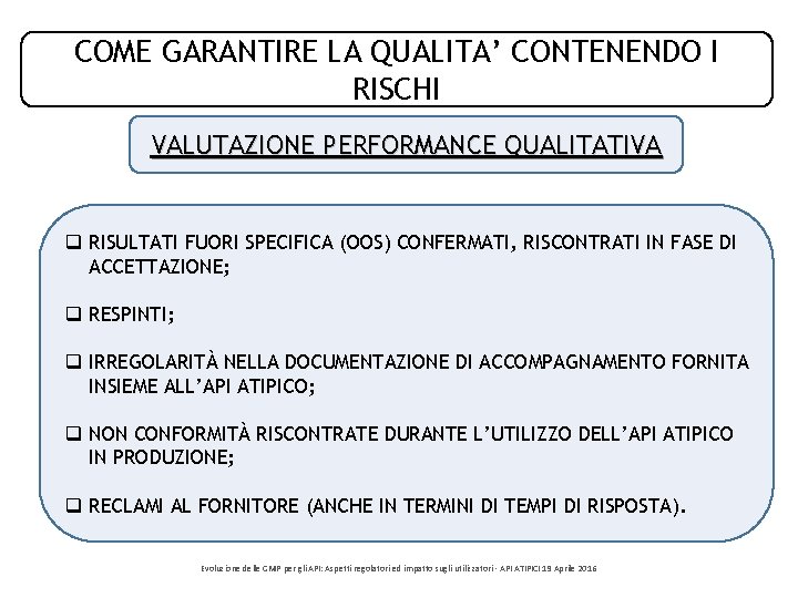COME GARANTIRE LA QUALITA’ CONTENENDO I RISCHI VALUTAZIONE PERFORMANCE QUALITATIVA q RISULTATI FUORI SPECIFICA COME GARANTIRE LA QUALITA’ CONTENENDO I RISCHI VALUTAZIONE PERFORMANCE QUALITATIVA q RISULTATI FUORI SPECIFICA