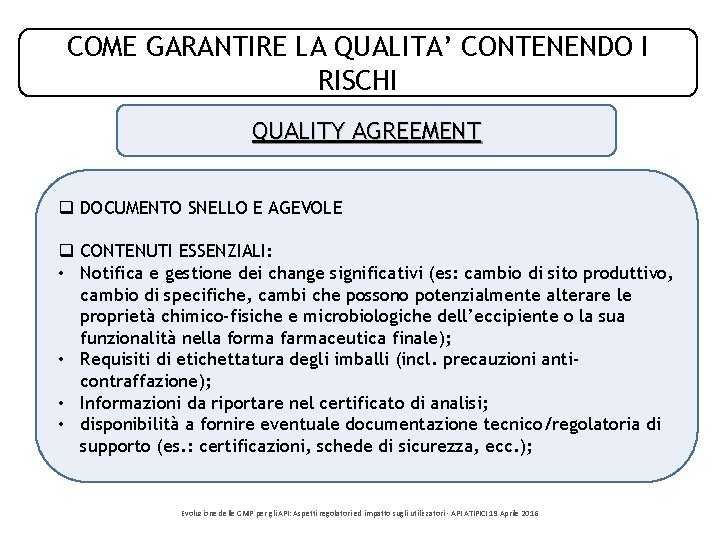 COME GARANTIRE LA QUALITA’ CONTENENDO I RISCHI QUALITY AGREEMENT q DOCUMENTO SNELLO E AGEVOLE COME GARANTIRE LA QUALITA’ CONTENENDO I RISCHI QUALITY AGREEMENT q DOCUMENTO SNELLO E AGEVOLE
