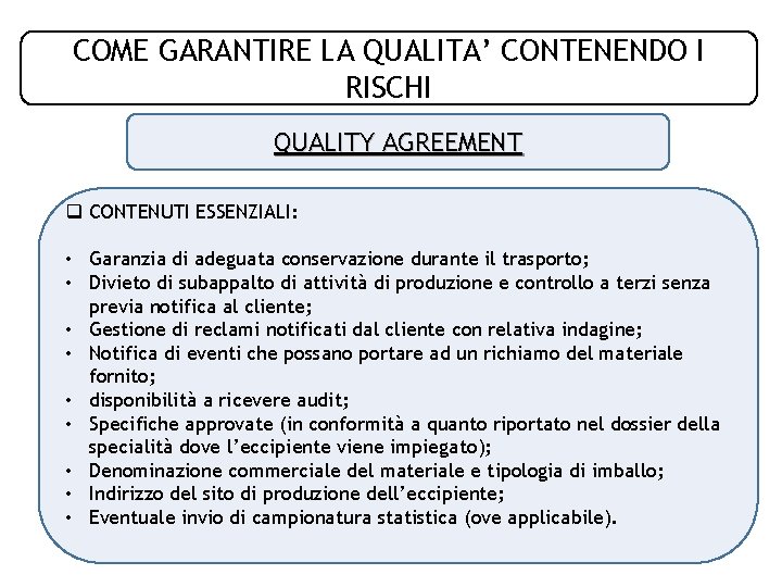 COME GARANTIRE LA QUALITA’ CONTENENDO I RISCHI QUALITY AGREEMENT q CONTENUTI ESSENZIALI: • Garanzia COME GARANTIRE LA QUALITA’ CONTENENDO I RISCHI QUALITY AGREEMENT q CONTENUTI ESSENZIALI: • Garanzia