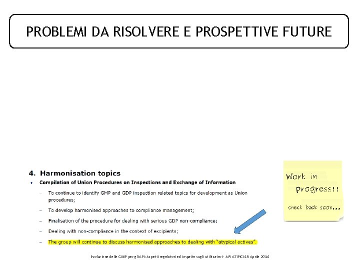 PROBLEMI DA RISOLVERE E PROSPETTIVE FUTURE Evoluzione delle GMP per gli API: Aspetti regolatori PROBLEMI DA RISOLVERE E PROSPETTIVE FUTURE Evoluzione delle GMP per gli API: Aspetti regolatori