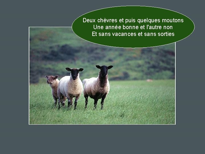 Deux chèvres et puis quelques moutons Une année bonne et l'autre non Et sans