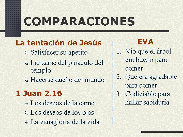 COMPARACIONES La tentación de Jesús Satisfacer su apetito Lanzarse del pináculo del templo Hacerse COMPARACIONES La tentación de Jesús Satisfacer su apetito Lanzarse del pináculo del templo Hacerse