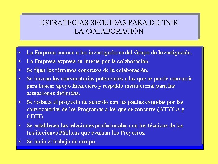ESTRATEGIAS SEGUIDAS PARA DEFINIR LA COLABORACIÓN • • La Empresa conoce a los investigadores