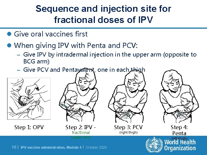 Sequence and injection site for fractional doses of IPV l Give oral vaccines first