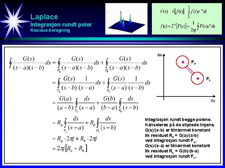 Laplace Integrasjon rundt poler Residue-beregning Pa Pb Integrasjon rundt begge polene. Kanseleres på de