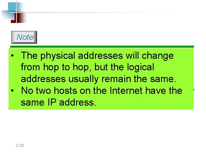 Note • The physical addresses will change from hop to hop, but the logical