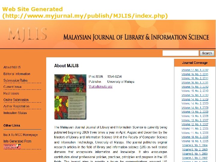 Web Site Generated (http: //www. myjurnal. my/publish/MJLIS/index. php) 