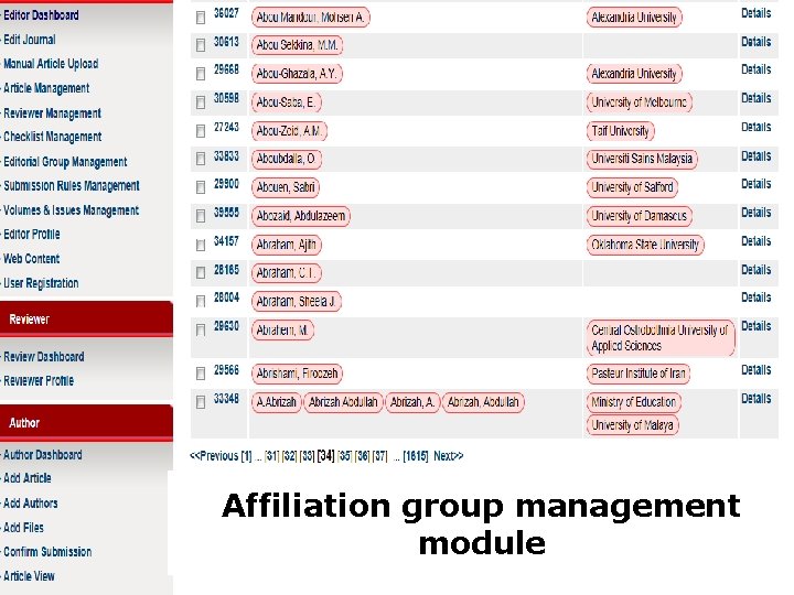Affiliation group management module 