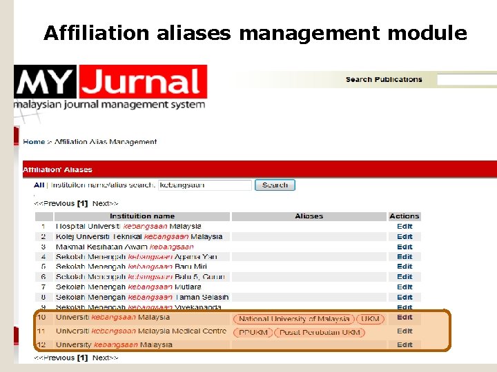 Affiliation aliases management module 