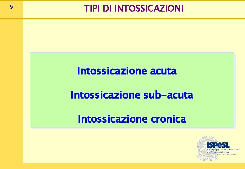 9 TIPI DI INTOSSICAZIONI Intossicazione acuta Intossicazione sub-acuta Intossicazione cronica 