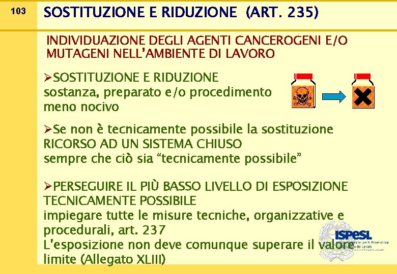 103 SOSTITUZIONE E RIDUZIONE (ART. 235) INDIVIDUAZIONE DEGLI AGENTI CANCEROGENI E/O MUTAGENI NELL’AMBIENTE DI