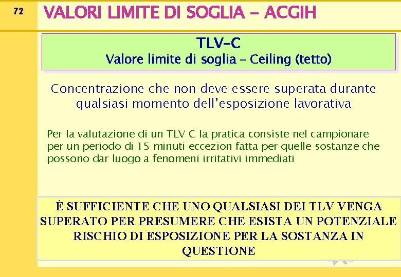 72 VALORI LIMITE DI SOGLIA - ACGIH TLV-C Valore limite di soglia – Ceiling