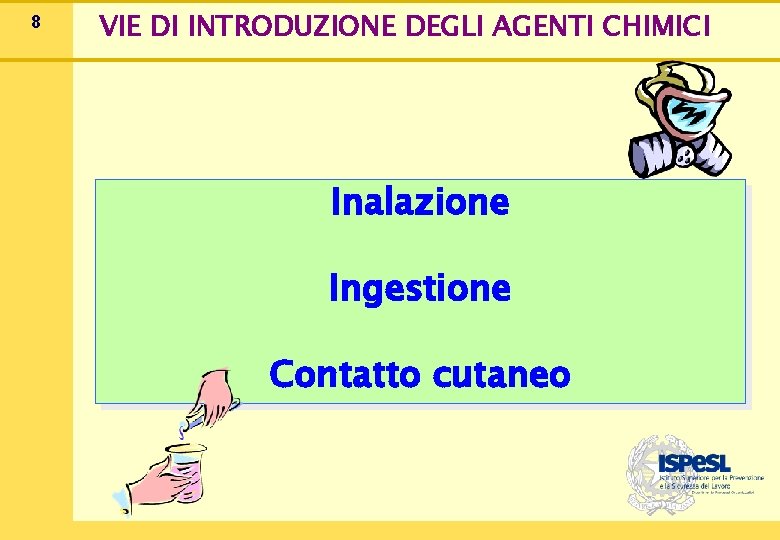 8 VIE DI INTRODUZIONE DEGLI AGENTI CHIMICI Inalazione Ingestione Contatto cutaneo 