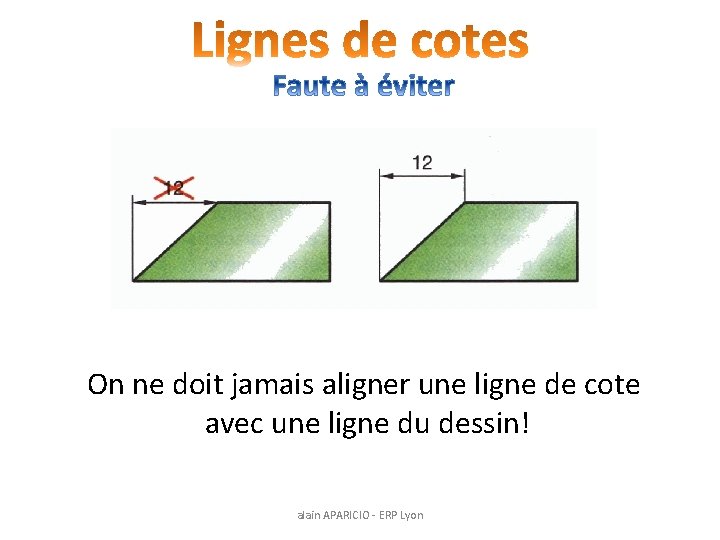 On ne doit jamais aligner une ligne de cote avec une ligne du dessin!