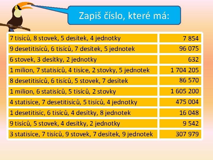 Zapiš číslo, které má: 7 tisíců, 8 stovek, 5 desítek, 4 jednotky 9 desetitisíců,