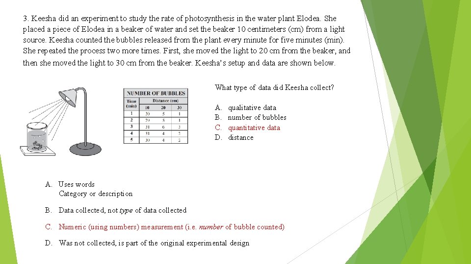 3. Keesha did an experiment to study the rate of photosynthesis in the water