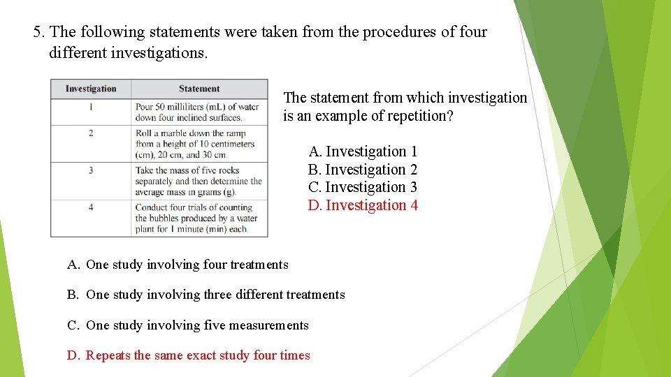 5. The following statements were taken from the procedures of four different investigations. The