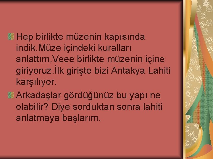 Hep birlikte müzenin kapısında indik. Müze içindeki kuralları anlattım. Veee birlikte müzenin içine giriyoruz.