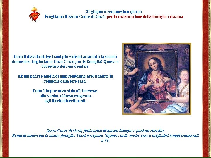 21 giugno o ventunesimo giorno Preghiamo il Sacro Cuore di Gesù: per la restaurazione