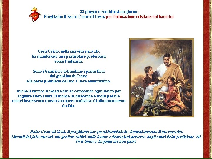 22 giugno o ventiduesimo giorno Preghiamo il Sacro Cuore di Gesù: per l’educazione cristiana