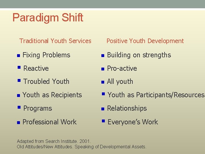 Paradigm Shift Traditional Youth Services n Fixing Problems § Reactive § Troubled Youth n