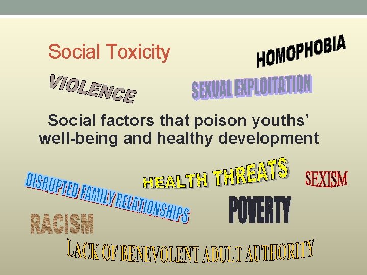 Social Toxicity Social factors that poison youths’ well-being and healthy development 