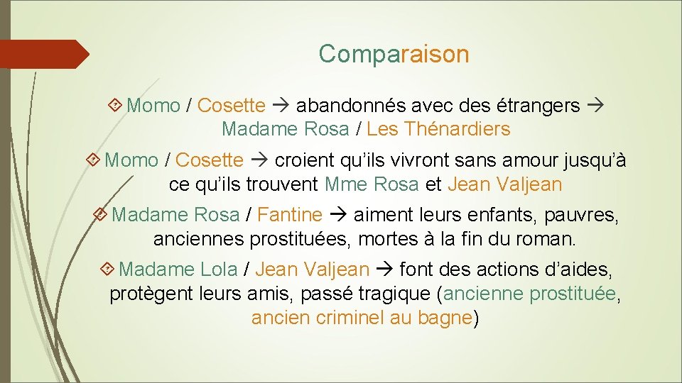 Comparaison Momo / Cosette abandonnés avec des étrangers Madame Rosa / Les Thénardiers Momo