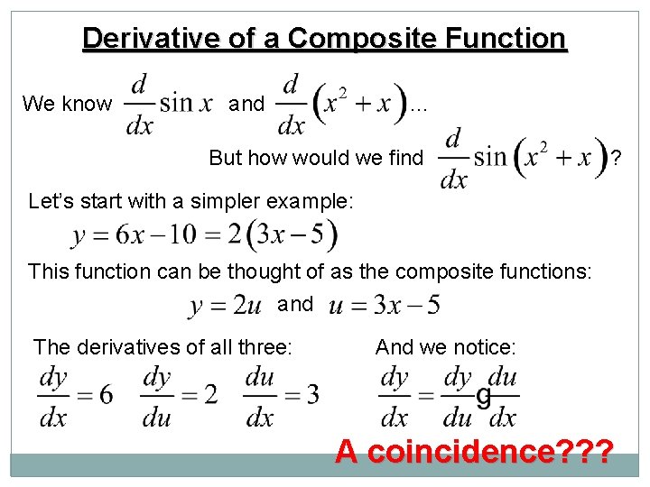 Derivative of a Composite Function We know and … But how would we find