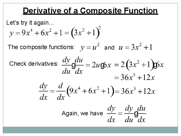 Derivative of a Composite Function Let’s try it again… The composite functions: Check derivatives: