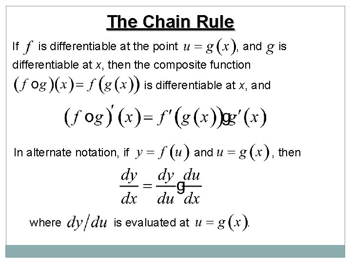 The Chain Rule If is differentiable at the point , and is differentiable at The Chain Rule If is differentiable at the point , and is differentiable at