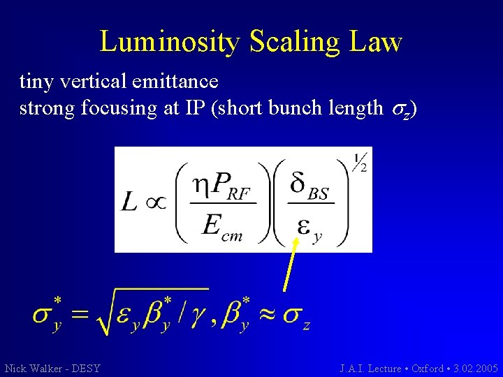 Luminosity Scaling Law tiny vertical emittance strong focusing at IP (short bunch length sz)