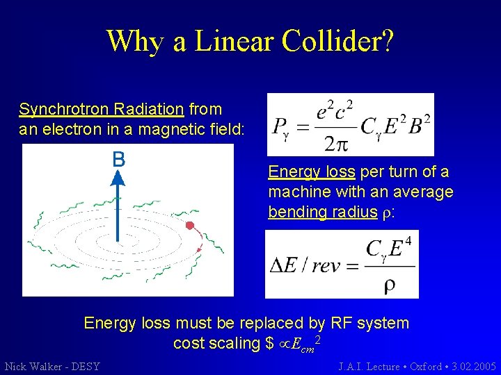 Why a Linear Collider? Synchrotron Radiation from an electron in a magnetic field: Energy