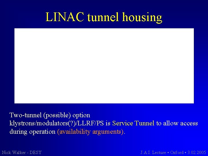 LINAC tunnel housing Two-tunnel (possible) option klystrons/modulators(? )/LLRF/PS is Service Tunnel to allow access