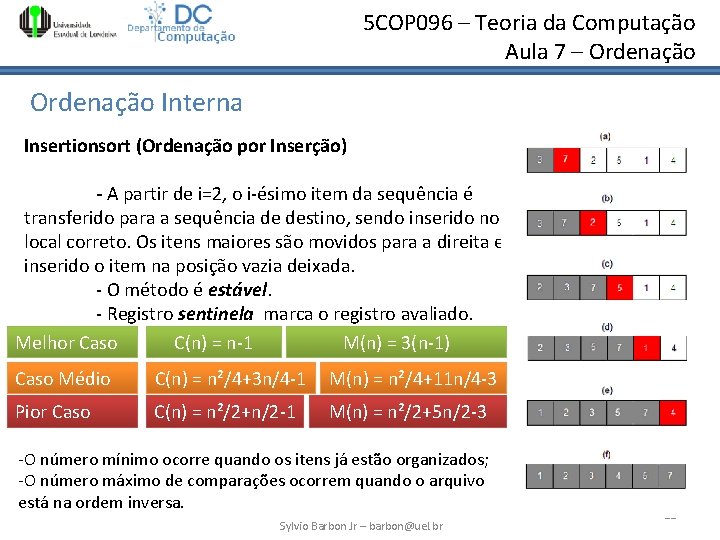 5 COP 096 – Teoria da Computação Aula 7 – Ordenação Interna Insertionsort (Ordenação 5 COP 096 – Teoria da Computação Aula 7 – Ordenação Interna Insertionsort (Ordenação
