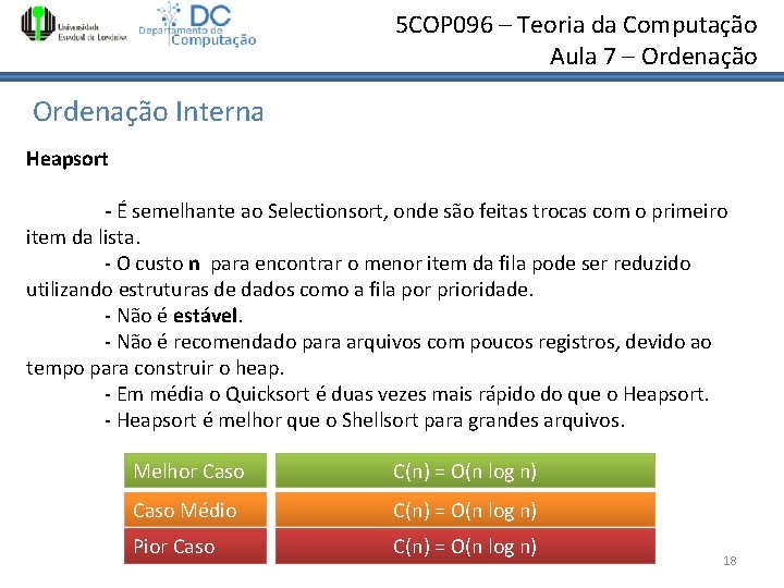 5 COP 096 – Teoria da Computação Aula 7 – Ordenação Interna Heapsort - 5 COP 096 – Teoria da Computação Aula 7 – Ordenação Interna Heapsort -