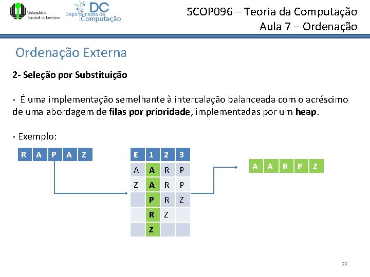 5 COP 096 – Teoria da Computação Aula 7 – Ordenação Externa 2 - 5 COP 096 – Teoria da Computação Aula 7 – Ordenação Externa 2 -
