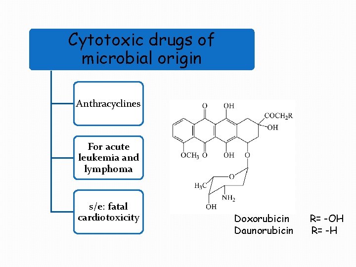 Cytotoxic drugs of microbial origin Anthracyclines For acute leukemia and lymphoma s/e: fatal cardiotoxicity