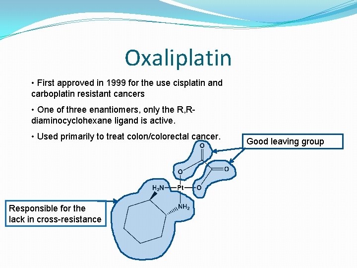 Oxaliplatin • First approved in 1999 for the use cisplatin and carboplatin resistant cancers