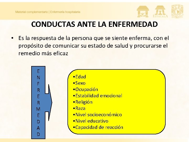 CONDUCTAS ANTE LA ENFERMEDAD • Es la respuesta de la persona que se siente